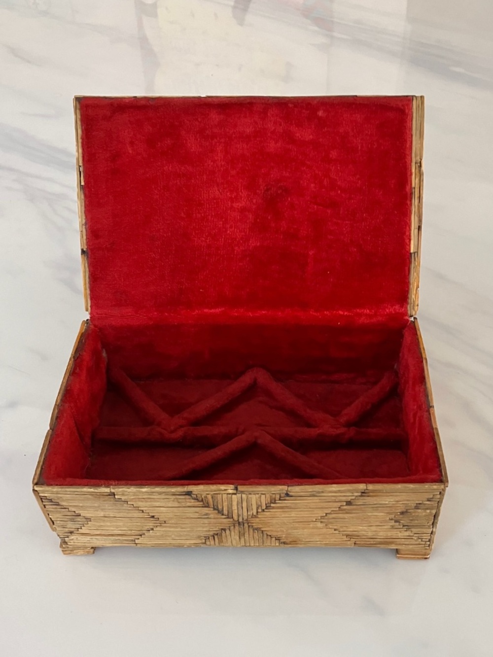 1930s Tramp Art Jewelry Box Tribute to Ma, Cigar Box, Matchwork Velvet Lining - Picture 3 of 7